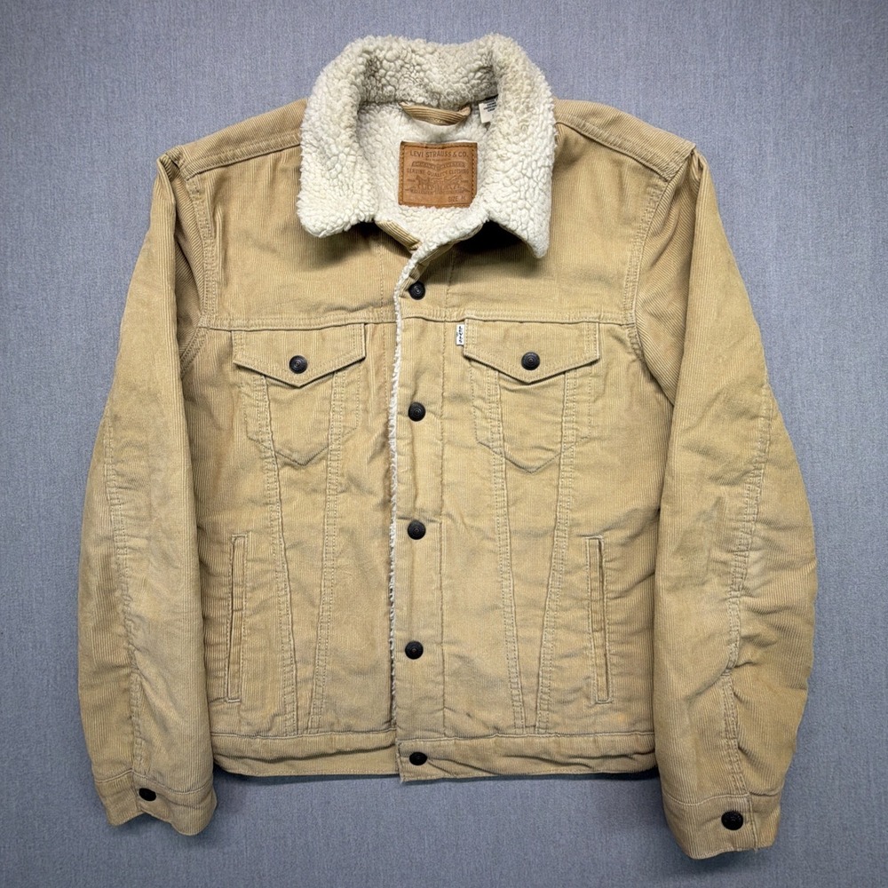 Levi's Sherpa Lined Corduroy‎ Tan Trucker Jacket Mens M Beige Levi Strauss Coat